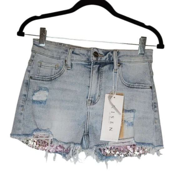 NEW Risen Kayden Distressed Denim Cut Off Shorts Pink Sequin Pockets Size Small - Picture 2 of 8